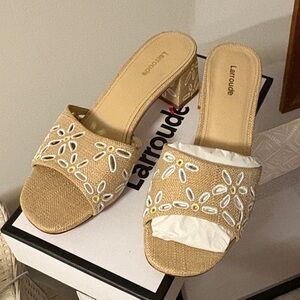 Larroude Tan and White Embellished Heels new in box